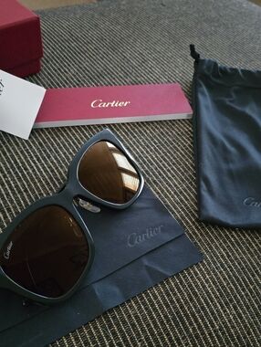 Cartier Black Frame Brown Lens Sunglasses with Red Box